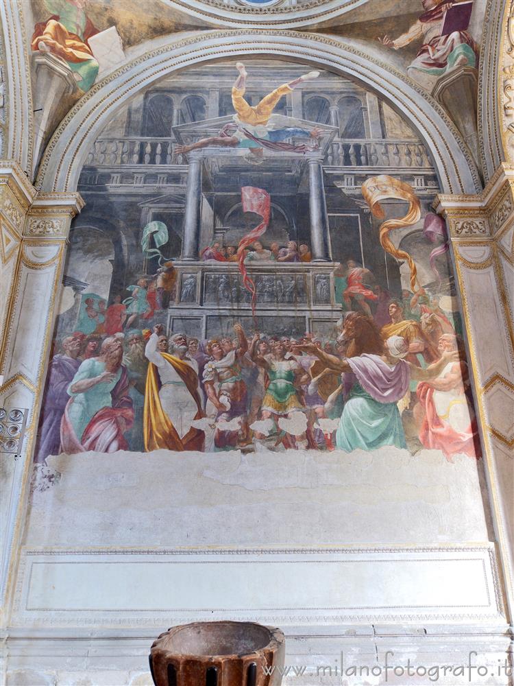 Milan (Italy) - Fresco of St. Peter and the fall of Simon Magus in the Foppa Chapel of the Basilica of San Marco